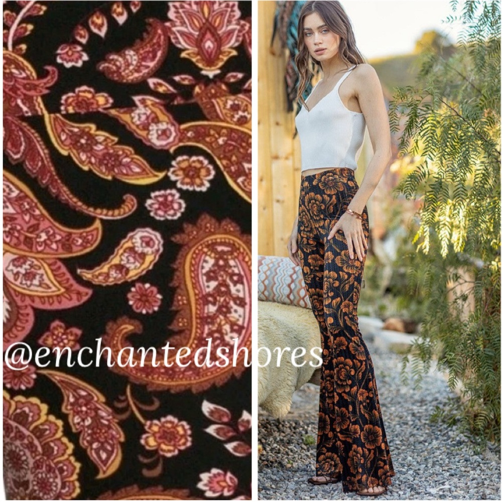 Flared Wide Leg Pants Floral Paisley Leggings Retro Black Pink Beige Size Small